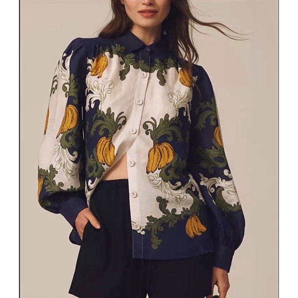 Farm Rio for Anthropologie Tops - Farm Rio x Anthropologie Puff-Sleeve Printed Buttondown Blouse Women's Medium